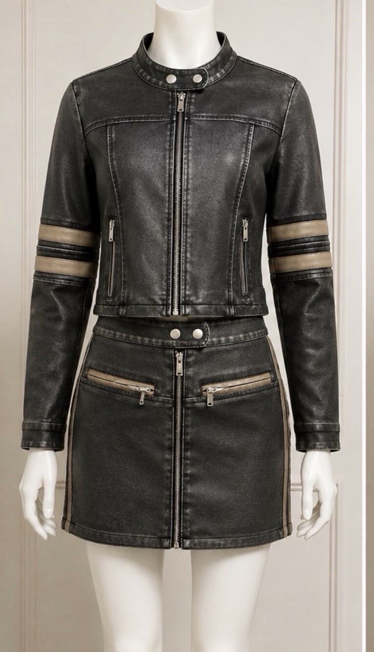 SO Juniors Vintage Wash Faux Leather Moto Jacket L Mini Skirt 13 2-Piece Set